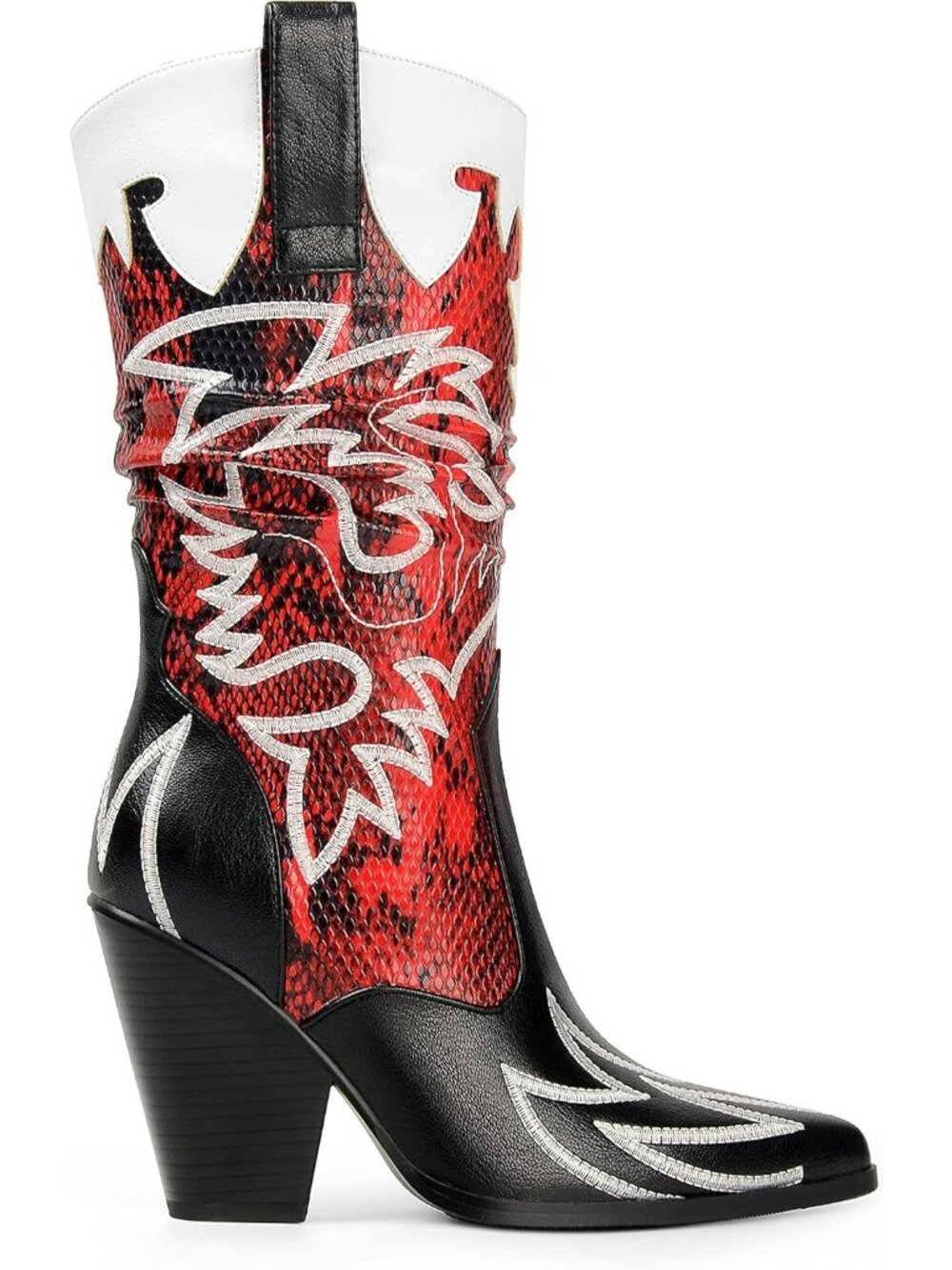 Women Black and Red Faux Leather Mid Calf Embroidery Pointed Toe Cowboy Boots - Picture 3 of 7